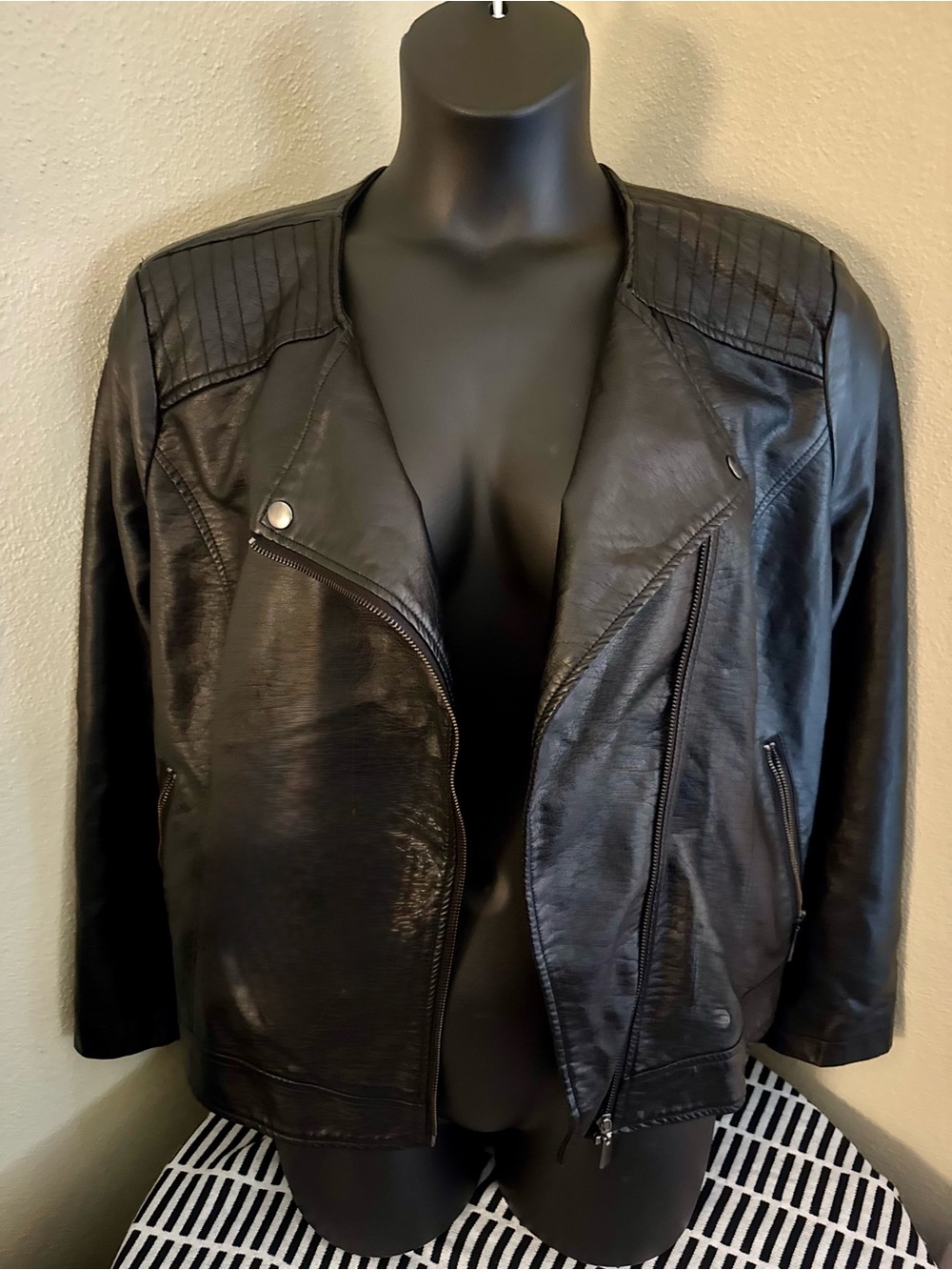 EVRI Black Faux Leather Moto Jacket with Quilted Shoulders